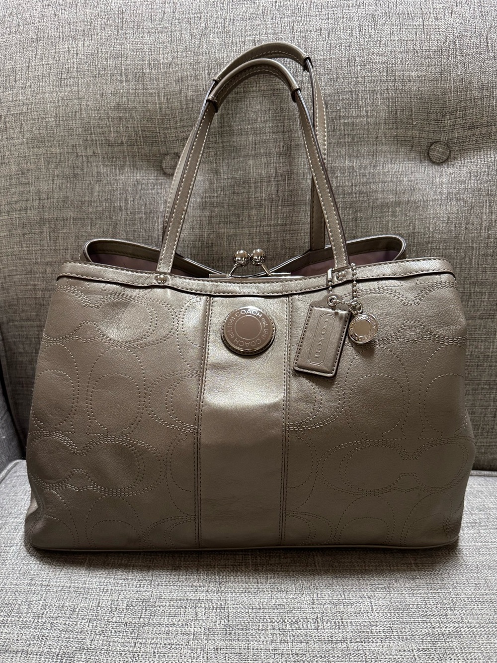 Coach Signature Stitched Genuine Leather Metallic kisslock Carryall Shoulder Bag
